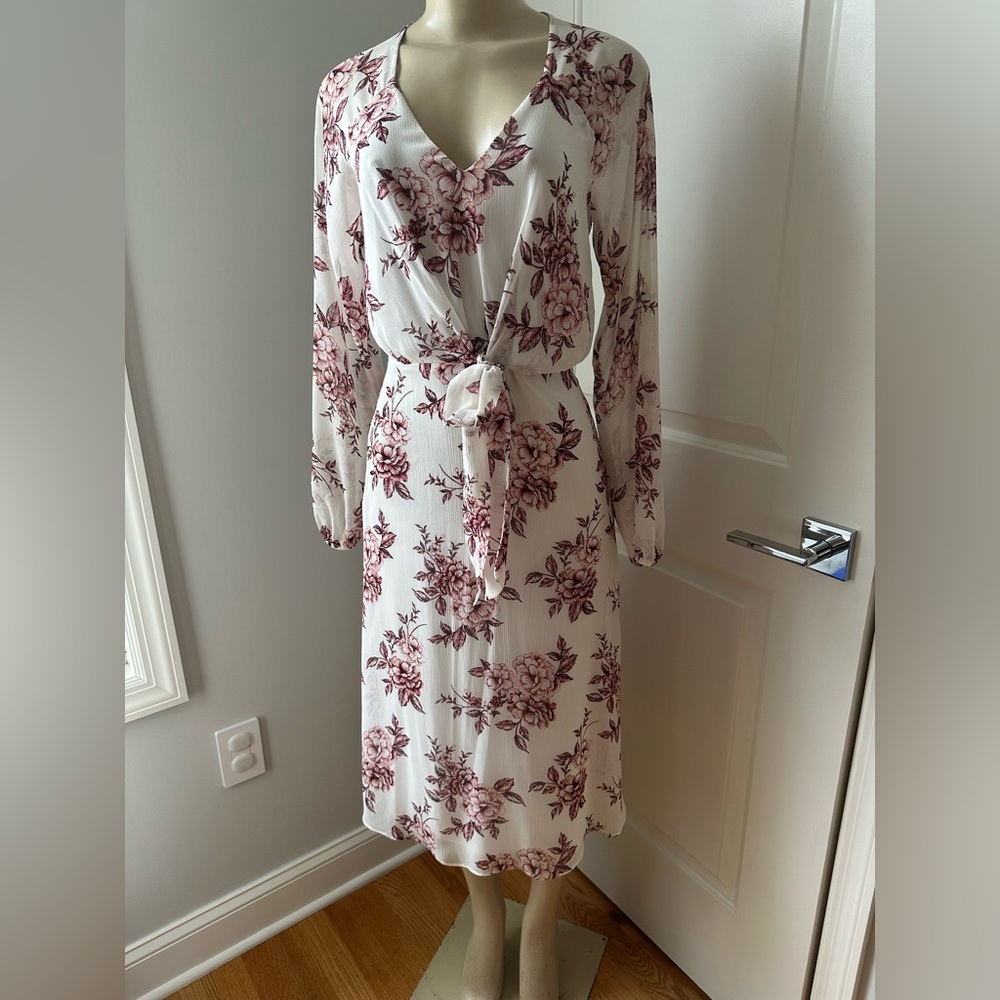 Express Floral Long Sleeve Dress - White and Pink